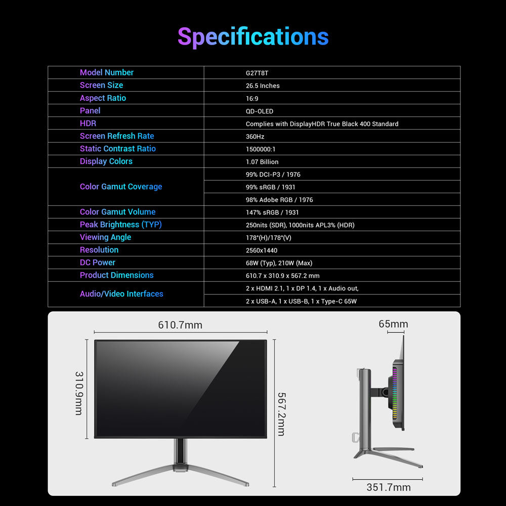 TITAN ARMY G27T8T Gaming Monitor, 26.5-inch 2560*1440 QD-OLED Screen, 360Hz Refresh Rate, 0.03ms GTG, 1000 nits, HDR 400, Adaptive-Sync, Game Assist, 65W Type-C Charging, Dual Speakers, Ambient Light, 2*HDMI 2.1 1*DP 1.4 1*USB-A 1*USB-B 1*Audio