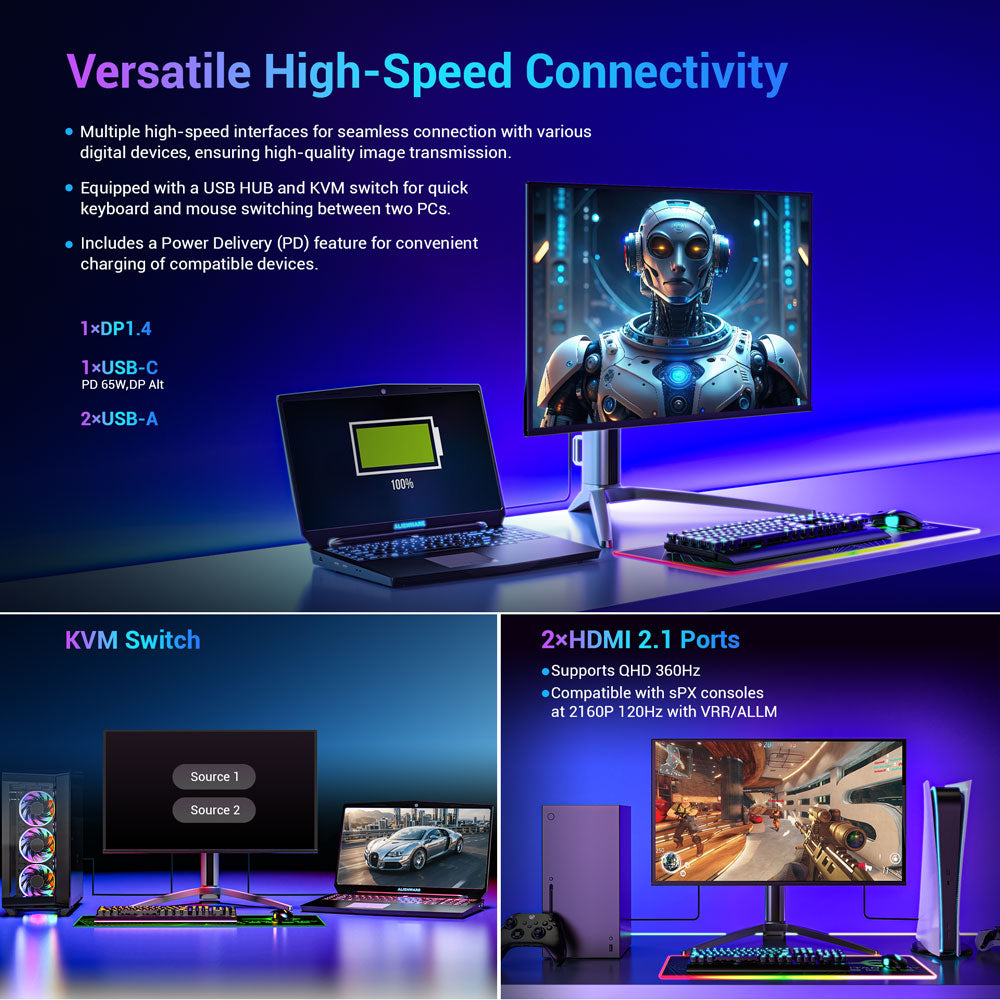 TITAN ARMY G27T8T Gaming Monitor, 26.5-inch 2560*1440 QD-OLED Screen, 360Hz Refresh Rate, 0.03ms GTG, 1000 nits, HDR 400, Adaptive-Sync, Game Assist, 65W Type-C Charging, Dual Speakers, Ambient Light, 2*HDMI 2.1 1*DP 1.4 1*USB-A 1*USB-B 1*Audio