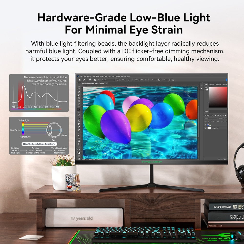 TITAN ARMY P24H2P Gaming Monitor, 24-Inch IPS Panel, 100Hz Refresh, 1920x1080 FHD Resolution, 99% sRGB, Adaptive Sync, Intelligent DCR Optimization, Low-blue Light, 1*HDMI1.4 1*VGA 1*Audio, Tilt Adjustment VESA Mount