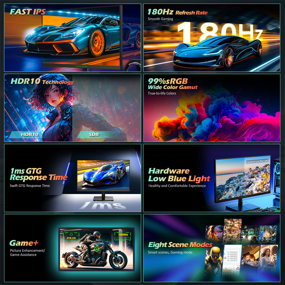 TITAN ARMY P2510G Gaming Monitor, 24.5'' 1920*1080 FAST IPS Screen, 180Hz Refresh Rate, HDR10, 99% sRGB, 1ms GTG, Adaptive Sync, Dynamic OD, Game Assist, 8 Scene Modes, Hardware Low Blue Light, Adjustable Tilt, VESA Mount, 1*HDMI2.0 1*DP1.4 1* Audio