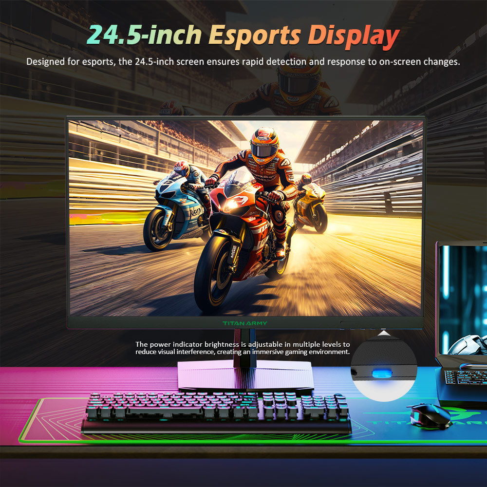 TITAN ARMY P2510G Gaming Monitor, 24.5'' 1920*1080 FAST IPS Screen, 180Hz Refresh Rate, HDR10, 99% sRGB, 1ms GTG, Adaptive Sync, Dynamic OD, Game Assist, 8 Scene Modes, Hardware Low Blue Light, Adjustable Tilt, VESA Mount, 1*HDMI2.0 1*DP1.4 1* Audio