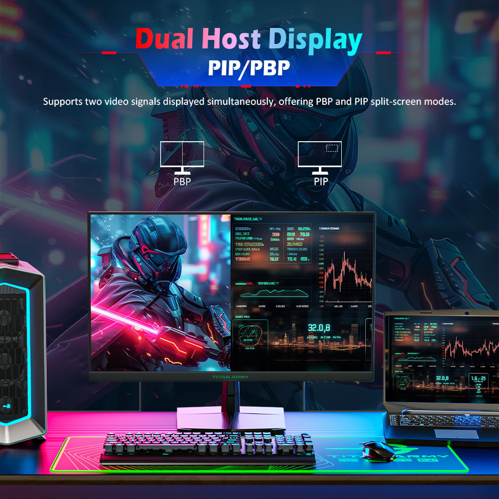 TITAN ARMY P2510H Gaming Monitor, 24.5'' 2 HVA Fast LCD Panel, 1920*1080, 240Hz Refresh Rate, 1ms GTG, HDR10, 99%sRGB, Adaptive-Sync, Dynamic OD, Ultra-Fast Game Mode, 10 Scene Modes, PBP & PIP Split-screen Display, Low Blue Light, VESA Wall Mounting