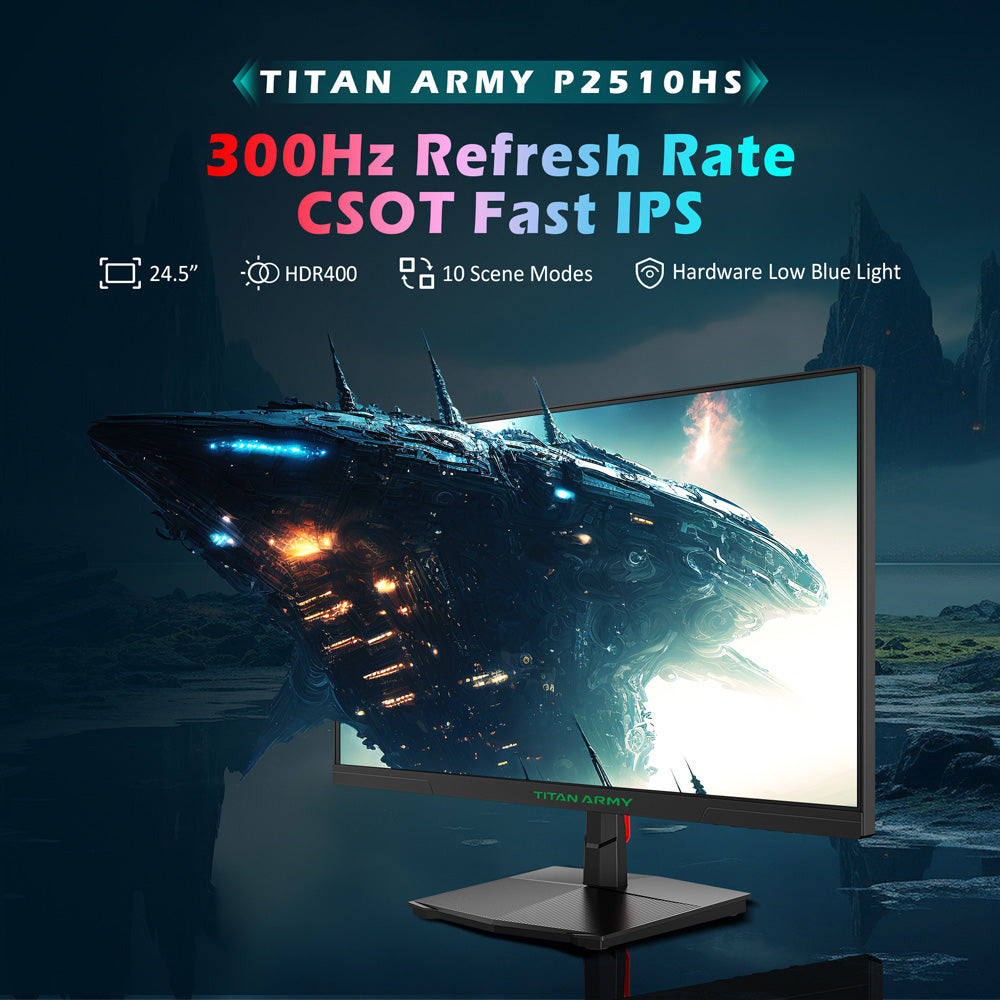 TITAN ARMY P2510HS Gaming Monitor, 24.5-inch 1920*1080 CSOT Fast IPS Screen, 300Hz Refresh Rate, HDR400, 121% sRGB, 1ms GTG Response Time, Adaptive-Sync, Hardware Low Blue Light, Gaming Assist, PIP/PBP Display, VESA Mounting