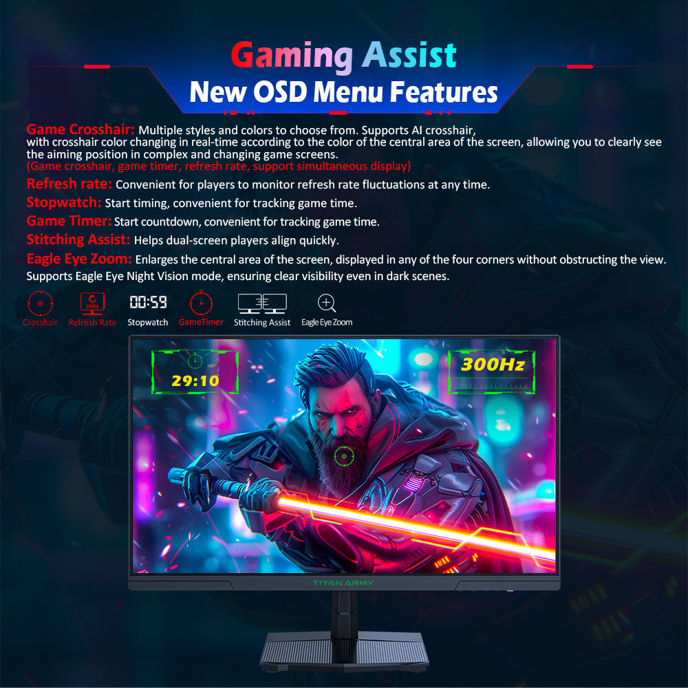 TITAN ARMY P2510HS Gaming Monitor, 24.5-inch 1920*1080 CSOT Fast IPS Screen, 300Hz Refresh Rate, HDR400, 121% sRGB, 1ms GTG Response Time, Adaptive-Sync, Hardware Low Blue Light, Gaming Assist, PIP/PBP Display, VESA Mounting