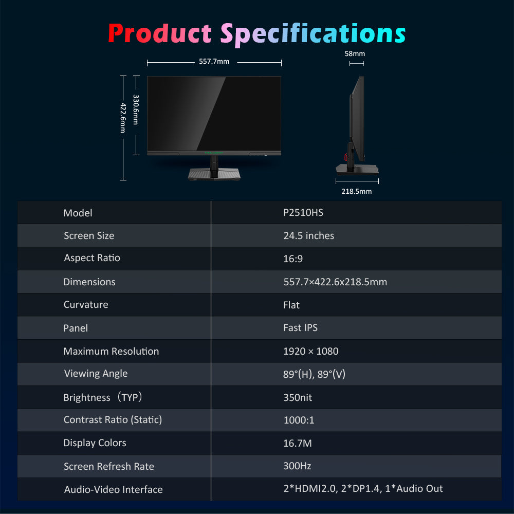 TITAN ARMY P2510HS Gaming Monitor, 24.5-inch 1920*1080 CSOT Fast IPS Screen, 300Hz Refresh Rate, HDR400, 121% sRGB, 1ms GTG Response Time, Adaptive-Sync, Hardware Low Blue Light, Gaming Assist, PIP/PBP Display, VESA Mounting