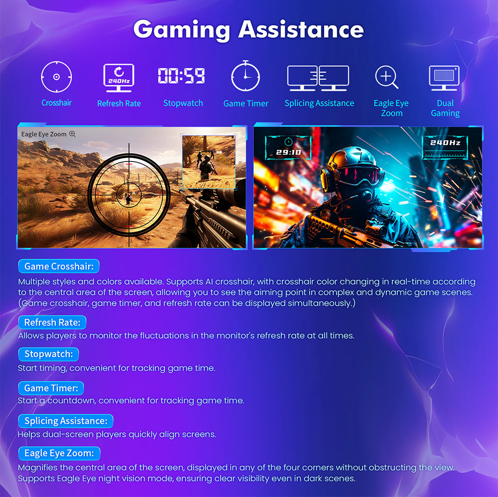 TITAN ARMY P2710S Gaming Monitor, 27-inch 2560*1440 16:9 Fast IPS LCD Screen, 240Hz Refresh Rate, 1ms GTG, HDR 400, Adaptive-Sync, Dynamic OD, Game Mode & 10 scenario Modes, PBP & PIP Split-screen Mode, Rotating Stand, Wall Mounting