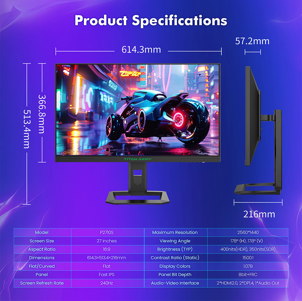 TITAN ARMY P2710S Gaming Monitor, 27-inch 2560*1440 16:9 Fast IPS LCD Screen, 240Hz Refresh Rate, 1ms GTG, HDR 400, Adaptive-Sync, Dynamic OD, Game Mode & 10 scenario Modes, PBP & PIP Split-screen Mode, Rotating Stand, Wall Mounting