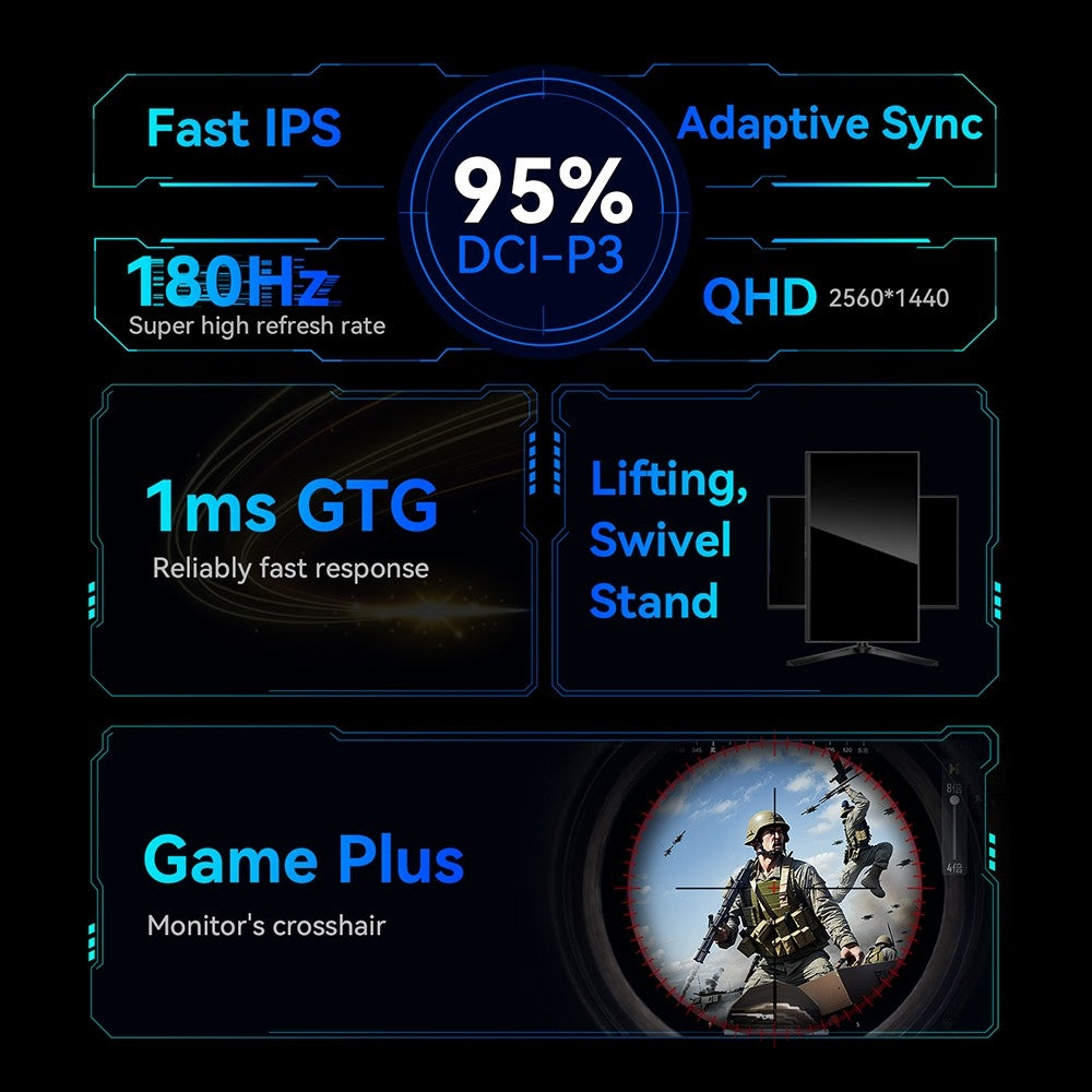 TITAN ARMY P27A2R 27-Inch Gaming Monitor, Fast IPS 180Hz Adaptive Sync, 2560*1440 QHD, 1ms GTG, 95% DCI-P3, Support FPS/RTS Gaming Mode, Low Blue, 2*HDMI 2.0 2*DP 1.4 1*Audio, Adjustable Height VESA Mount