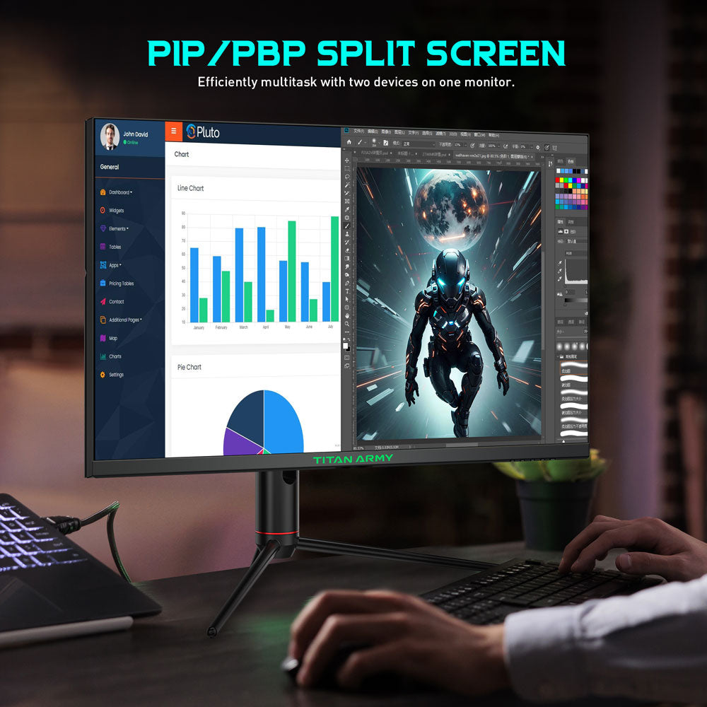 TITAN ARMY P32A2S2 Gaming Monitor, 2560 x 1440 QHD FAST IPS Panel, 240Hz Refresh Rate, HDR400, 1ms GTG, GamePlus Mode, Adaptive Sync, PIP/PBP Split Screen, 2*HDMI 2.1 2*DP 1.4, E-Sport Backlights, Adjustable Stand