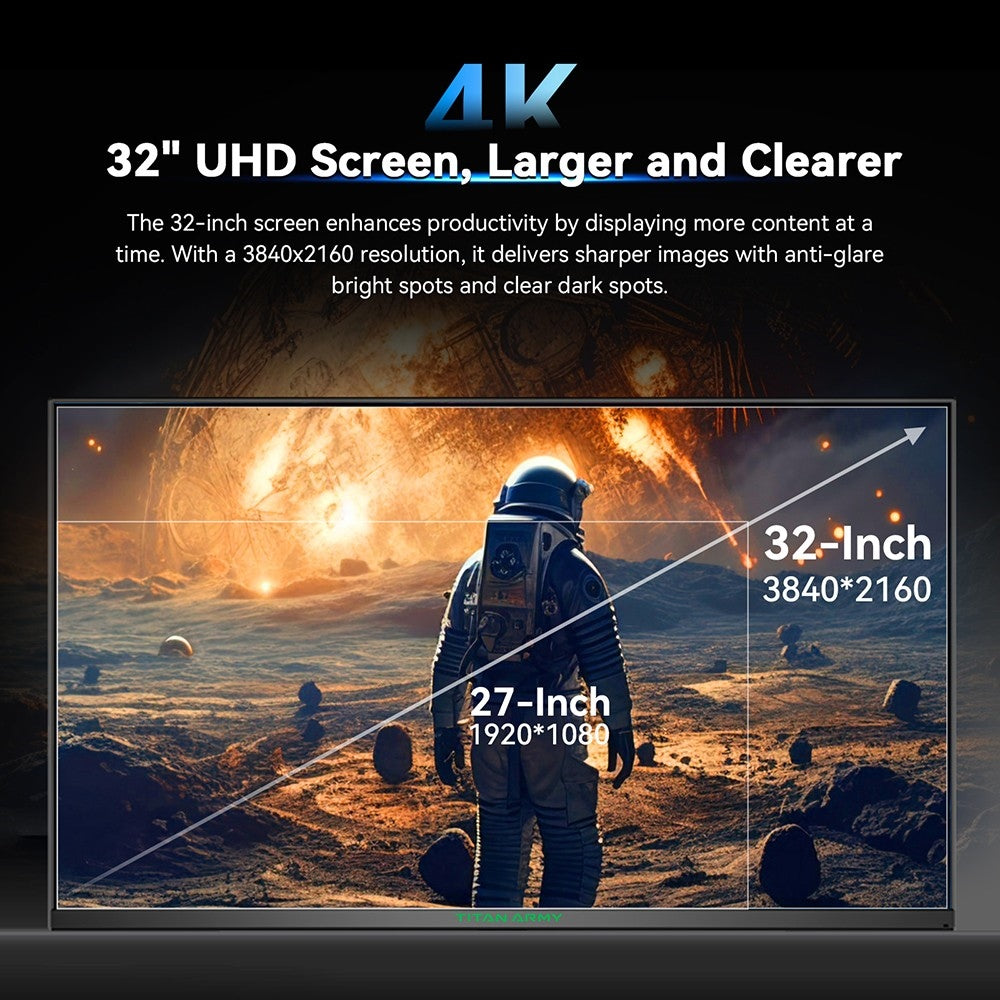 TITAN ARMY P32H2U Commercial Monitor, 32-inch 3840x2160 4K UHD Screen, 60Hz Refresh Rate, HDR10 Brightness, Low Blue Light, Built-in Speaker, 95% DCI-P3 Color Gamut, 65W Full-Featured USB-C Port, VESA Mount