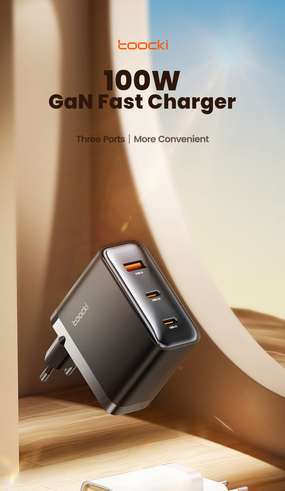 Toocki TCT100-XRB 100W GaN USB Charger, USB-C and USB-A Triple Port PD 3.0, for iPhone, Huawei, Samsung, Tablet, Mobile Phones