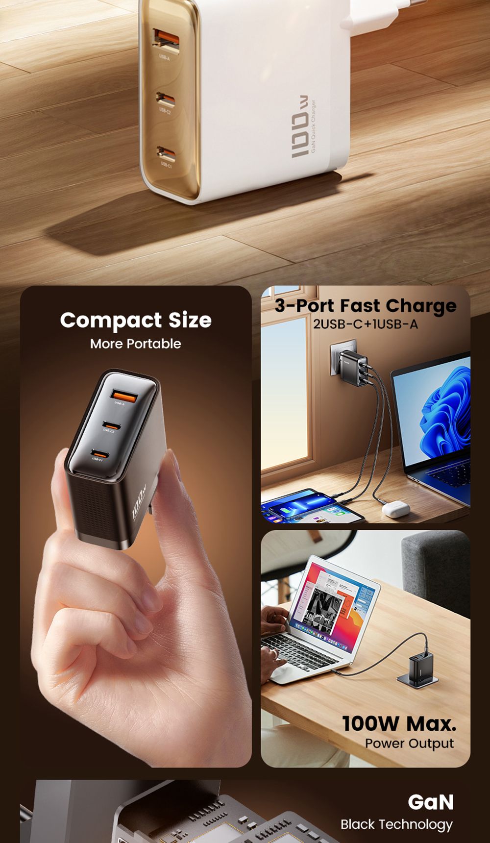 Toocki TCT100-XRB 100W GaN USB Charger, USB-C and USB-A Triple Port PD 3.0, for iPhone, Huawei, Samsung, Tablet, Mobile Phones