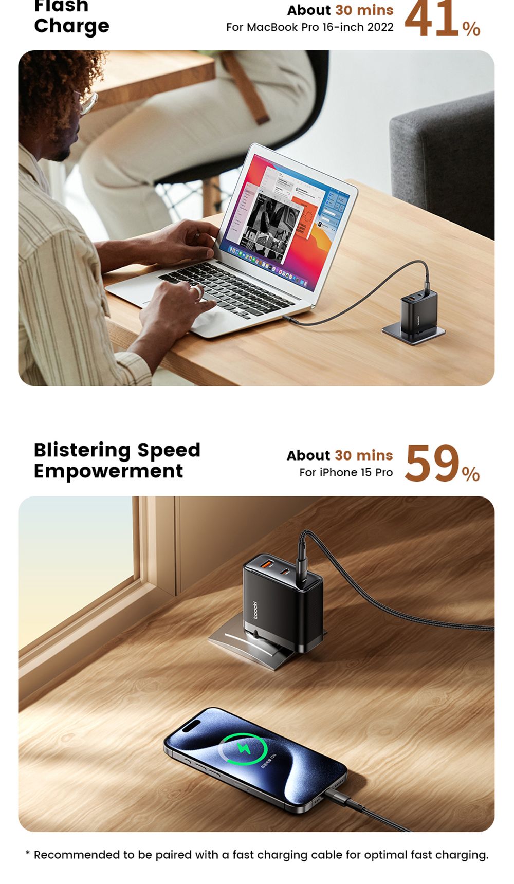 Toocki TCT100-XRB 100W GaN USB Charger, USB-C and USB-A Triple Port PD 3.0, for iPhone, Huawei, Samsung, Tablet, Mobile Phones