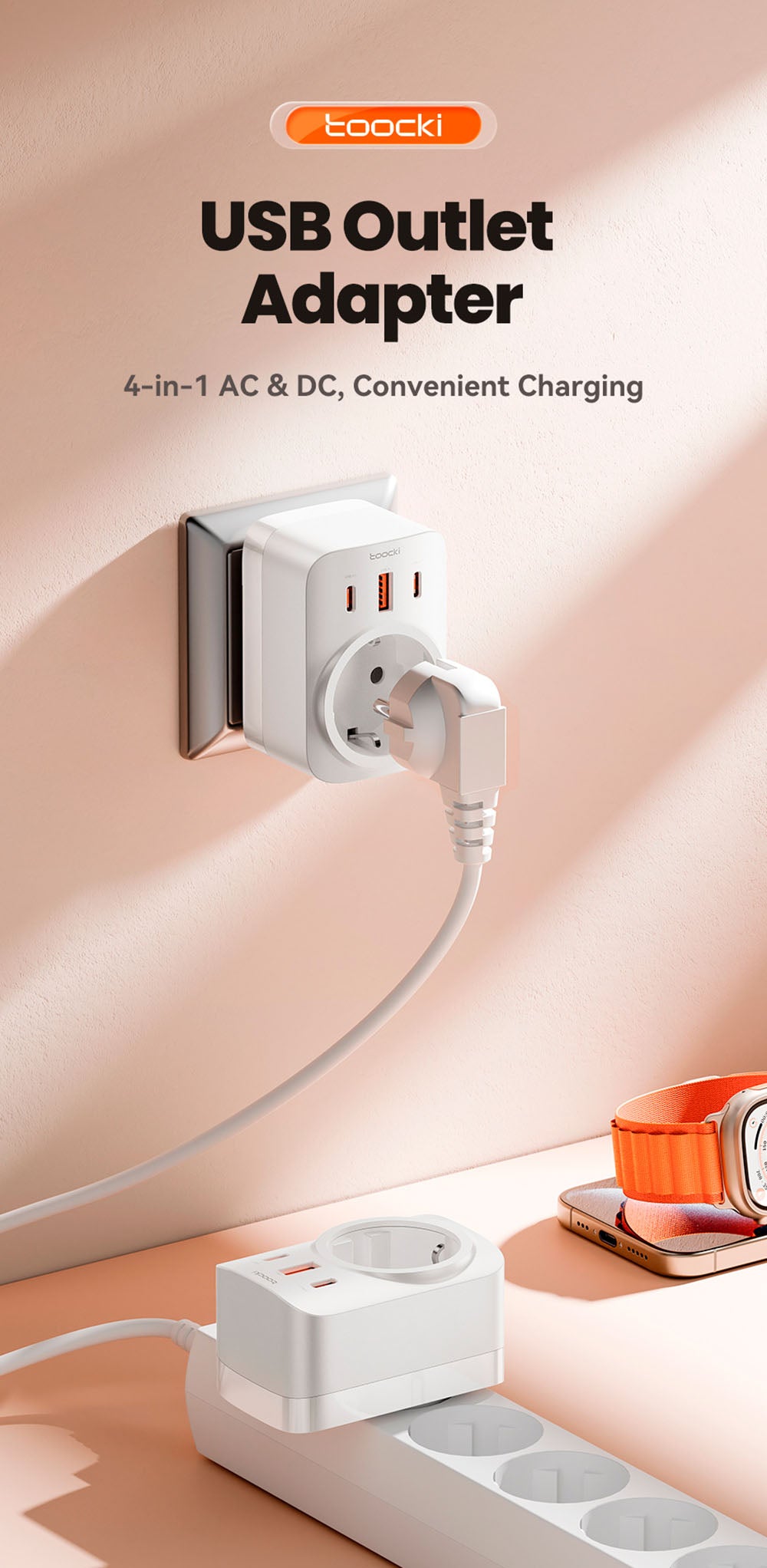 Toocki TCT30-X0Z8 PD30W Outlet Extender, Triple Port Fast Charging, 3680W AC Outlet, GaN Technology, Black