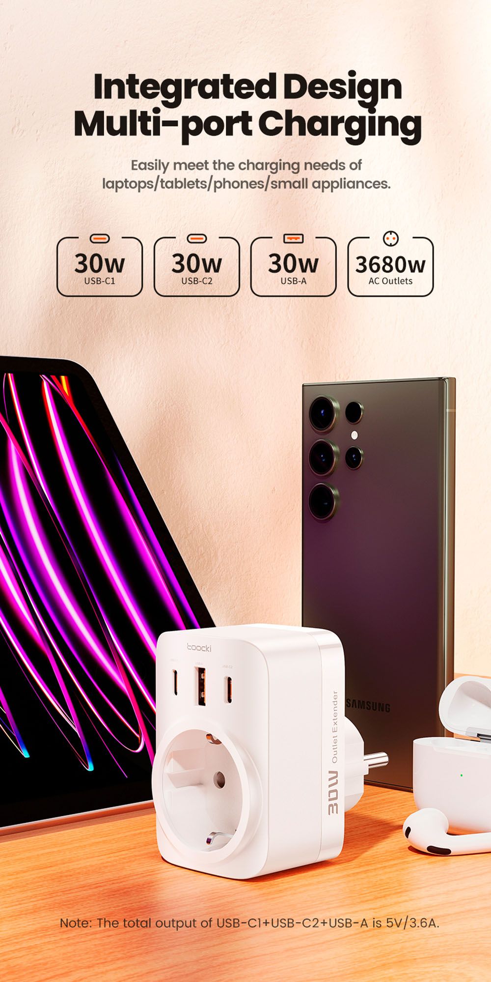 Toocki TCT30-X0Z8 PD30W Outlet Extender, Triple Port Fast Charging, 3680W AC Outlet, GaN Technology, Black