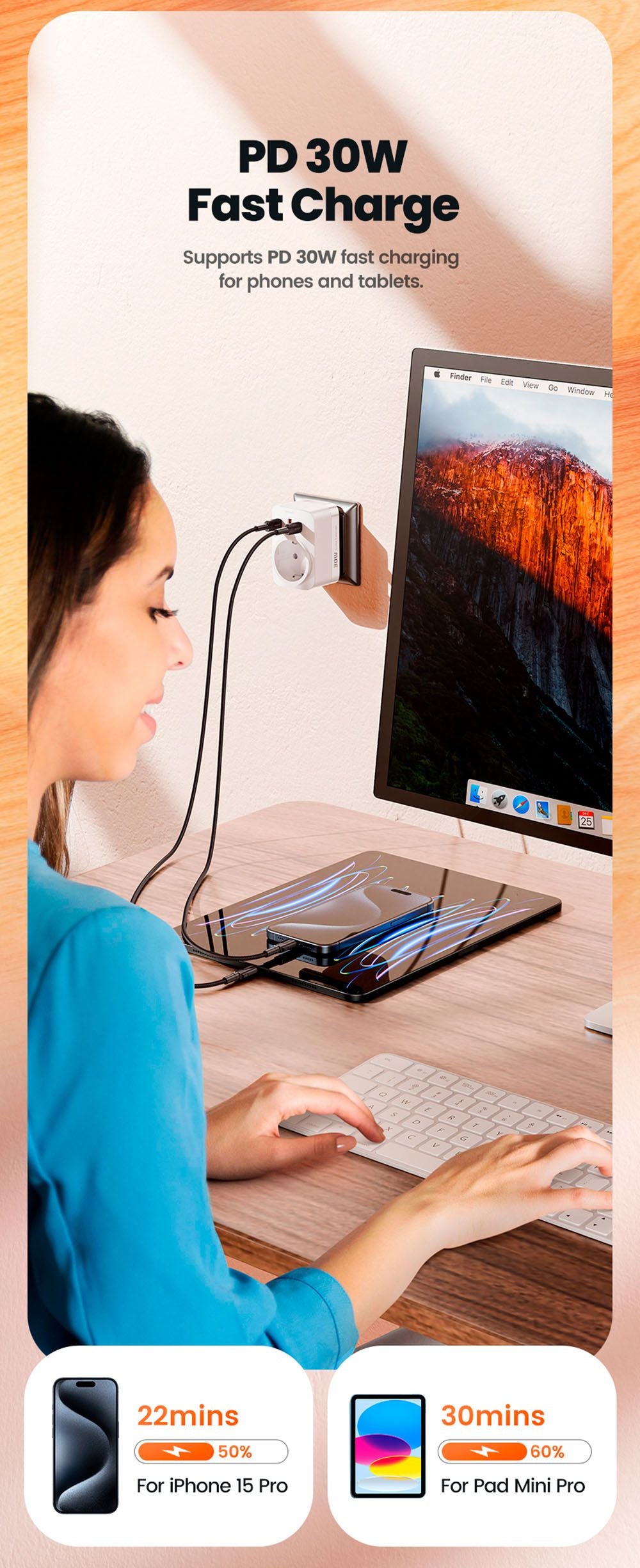 Toocki TCT30-X0Z8 PD30W Outlet Extender, Triple Port Fast Charging, 3680W AC Outlet, GaN Technology, Black