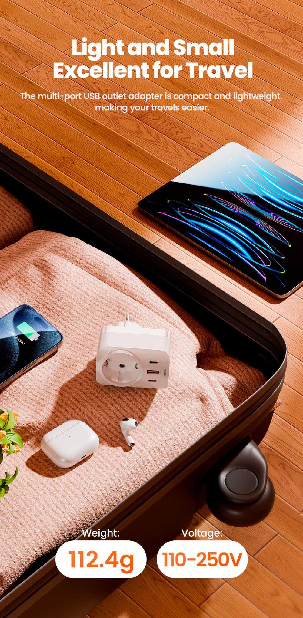 Toocki TCT30-X0Z8 PD30W Outlet Extender, Triple Port Fast Charging, 3680W AC Outlet, GaN Technology, Black