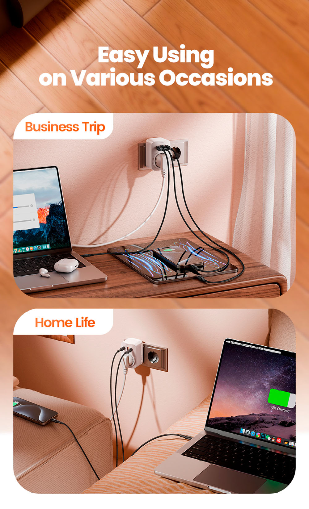 Toocki TCT30-X0Z8 PD30W Outlet Extender, Triple Port Fast Charging, 3680W AC Outlet, GaN Technology, Black