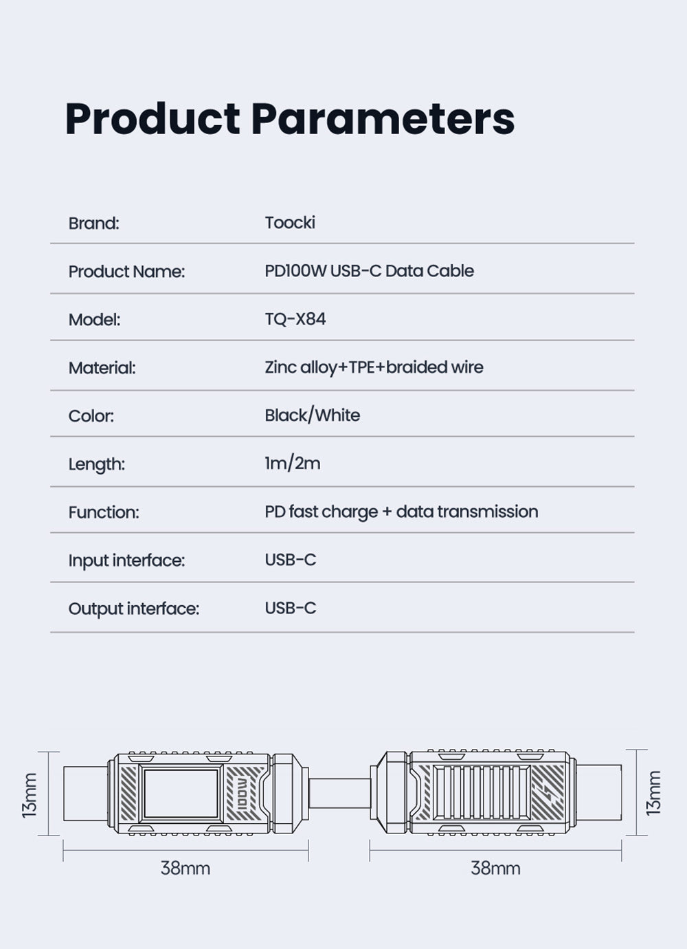 Toocki TXCTT1-ZFZA01 100W Fast Charging Cable, LED Display, Braided Zinc Alloy, 480Mbps Data Transfer, White - 1m