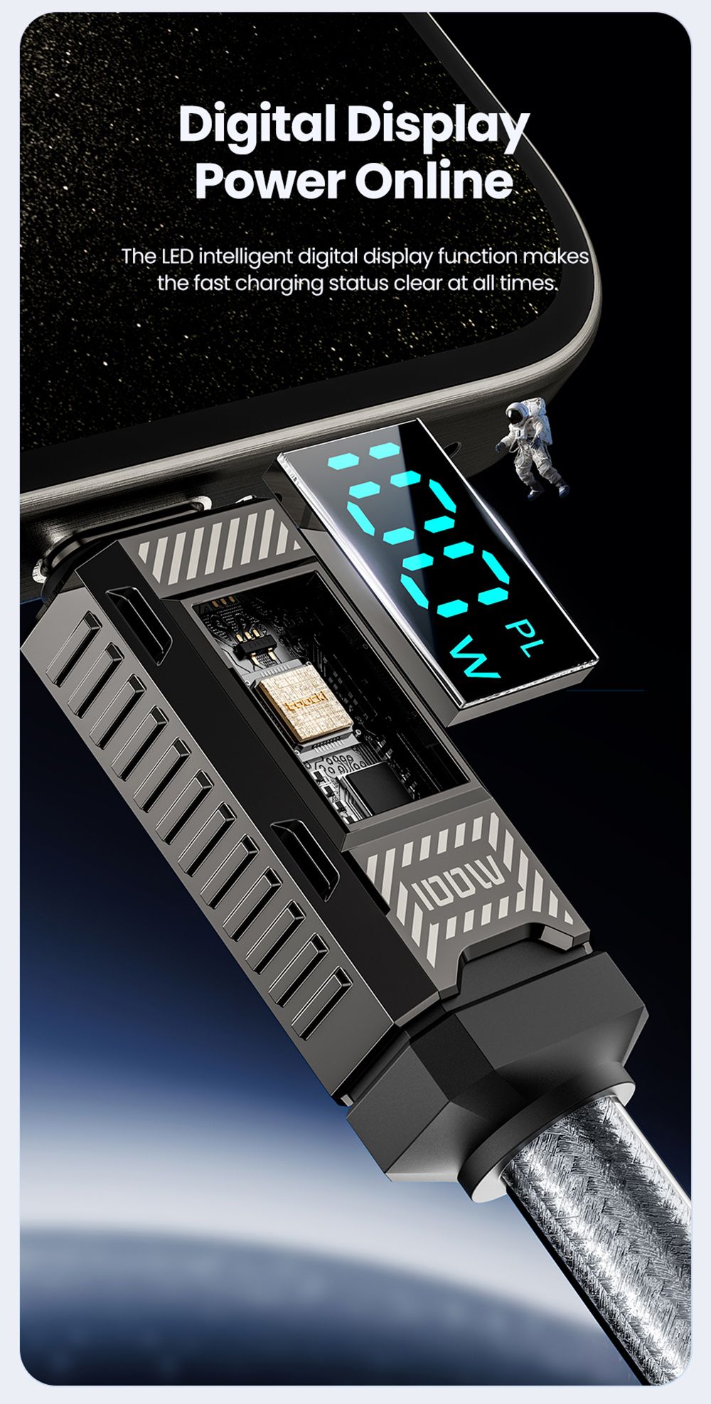 Toocki TXCTT1-ZFZA01 100W Fast Charging Cable, LED Display, Braided Zinc Alloy, 480Mbps Data Transfer, White - 1m