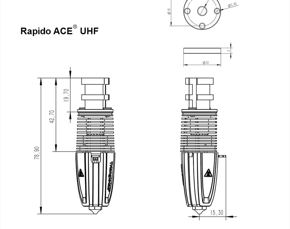 Trianglelab Rapido ACE UHF Hotend - PT1000 Thermistor, Compatible with Dragon/Rapido, V6 Adapter