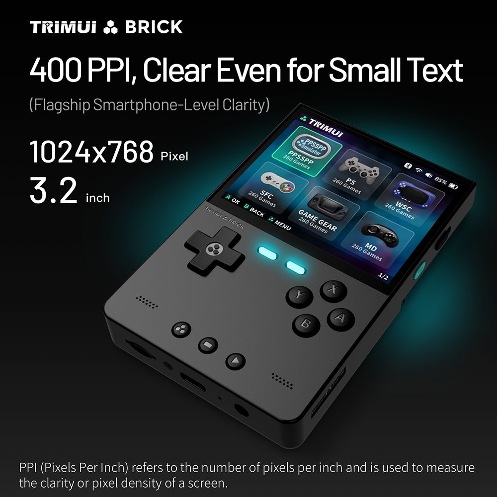 Trimui Brick Handheld Game Console, 256GB TF Card, 3.2-inch 1024*768 IPS Screen, 8GB eMMC Storage, 5 Hours Autonomy, Type-C Fast Charging - Black