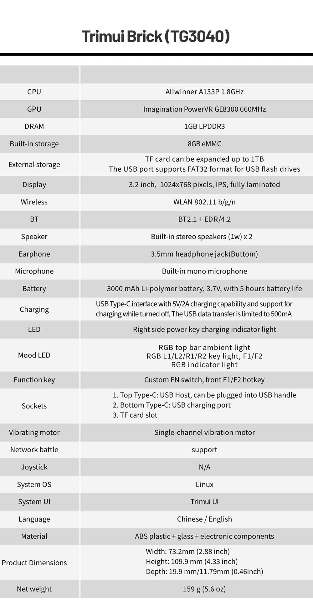 Trimui Brick Handheld Game Console, 256GB TF Card, 3.2-inch 1024*768 IPS Screen, 8GB eMMC Storage, 5 Hours Autonomy, Type-C Fast Charging - Black