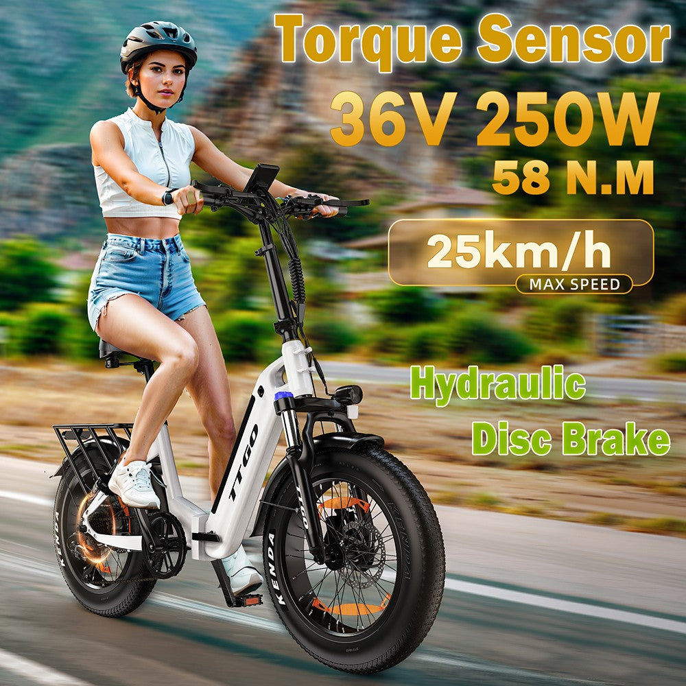 TTGO F6 Electric Bike, 250W Motor, 36V 25Ah Battery, 20*4 inch Tires, 25km/h Max Speed, 100km Max Range, Hydraulic Disc Brake, Front Shock Absorber, Torque Sensor, Shimano 7-speed, LCD Display - White