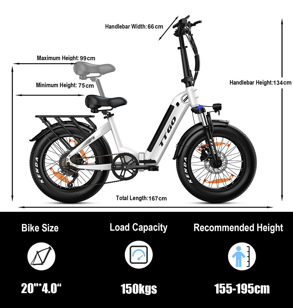 TTGO F6 Electric Bike, 250W Motor, 36V 25Ah Battery, 20*4 inch Tires, 25km/h Max Speed, 100km Max Range, Hydraulic Disc Brake, Front Shock Absorber, Torque Sensor, Shimano 7-speed, LCD Display - White