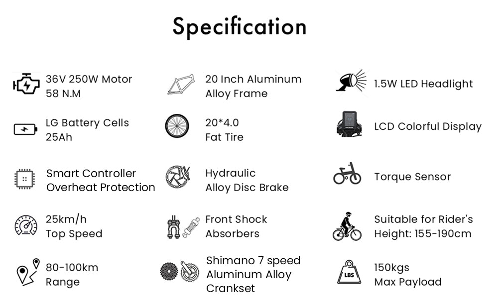 TTGO F6 Electric Bike, 250W Motor, 36V 25Ah Battery, 20*4 inch Tires, 25km/h Max Speed, 100km Max Range, Hydraulic Disc Brake, Front Shock Absorber, Torque Sensor, Shimano 7-speed, LCD Display - White