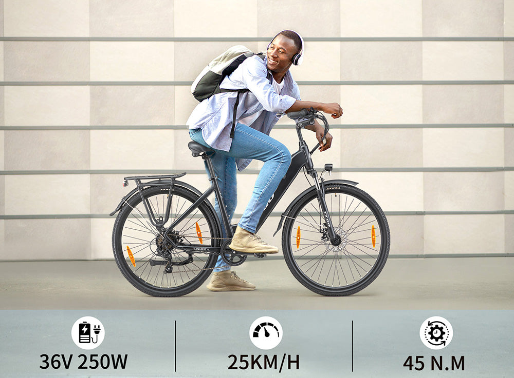 TTGO HZ-28ST Electric Bike, 250W Motor, 36V 20Ah Battery, 700C*45C Tire, 25km/h Max Speed, 100km Max Range, Disc Brake, Shimano 7 Speed, LCD Display - White