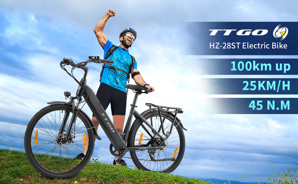 TTGO HZ-28ST Electric Bike, 250W Motor, 36V 20Ah Battery, 700C*45C Tire, 25km/h Max Speed, 100km Max Range, Disc Brake, Shimano 7 Speed, LCD Display - White