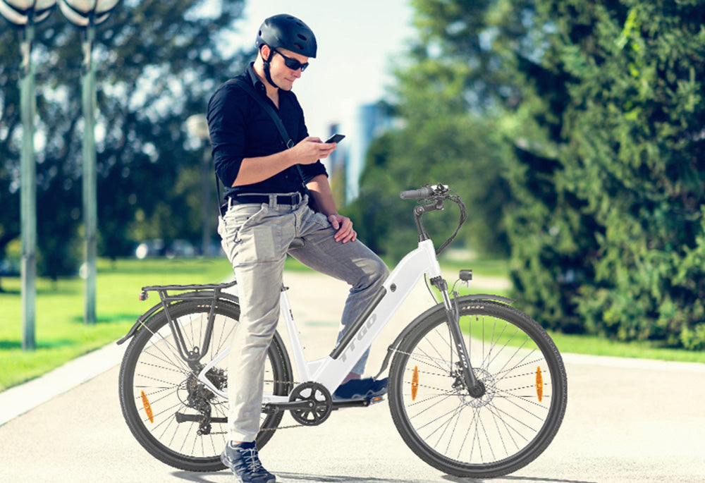 TTGO HZ-28ST Electric Bike, 250W Motor, 36V 20Ah Battery, 700C*45C Tire, 25km/h Max Speed, 100km Max Range, Disc Brake, Shimano 7 Speed, LCD Display - White