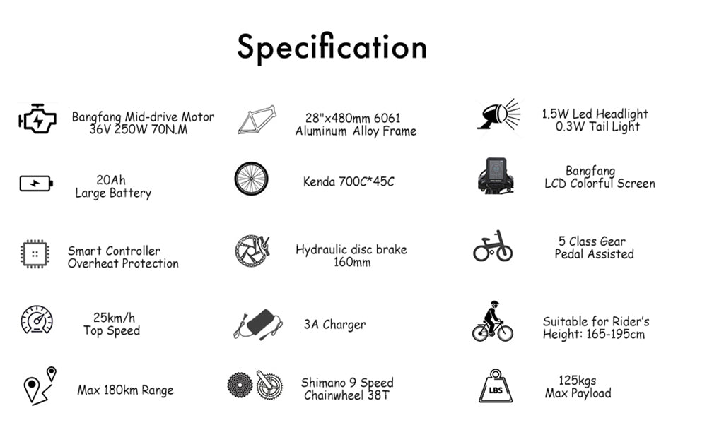 TTGO LK-ZZ-28ST Electric Bike, 250W Motor, 36V 20AH Battery, 700C*45C Tires, 25km/h Max Speed, 180km Range, Hydraulic Disc Brake, Shimano 9 Speed, LCD Display - Black