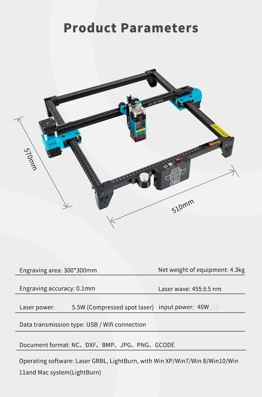 TWO TREES TTS 5.5W Laser Engraver Cutter, 0.08*0.08mm Compressed Spot, 32Bit Mainboard, 40W Electric Power, APP Control ,300*300mm