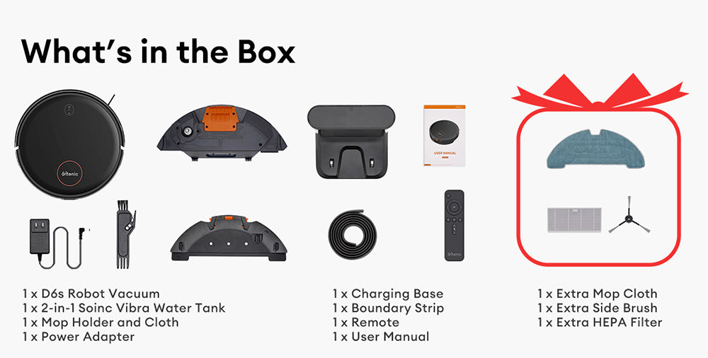 Ultenic D6S Robot Vacuum Cleaner Gyroscopic Navigation, 3-in-1 Sweep Vacuum Mop, 3000 Suction, 4 Cleaning Modes, 2600mAh Battery, 120min Runtime