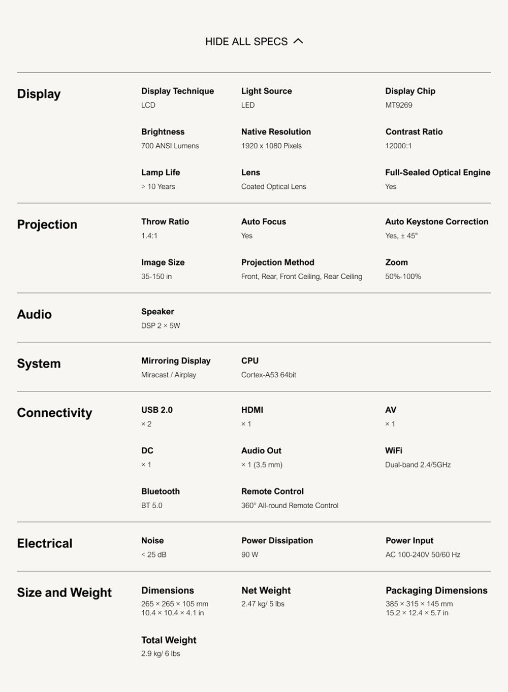 ULTIMEA Apollo P10 Portable Projector, 300 ANSI, 1080P Decoding, Native 720P, 2.4GHz/5GHz WiFi