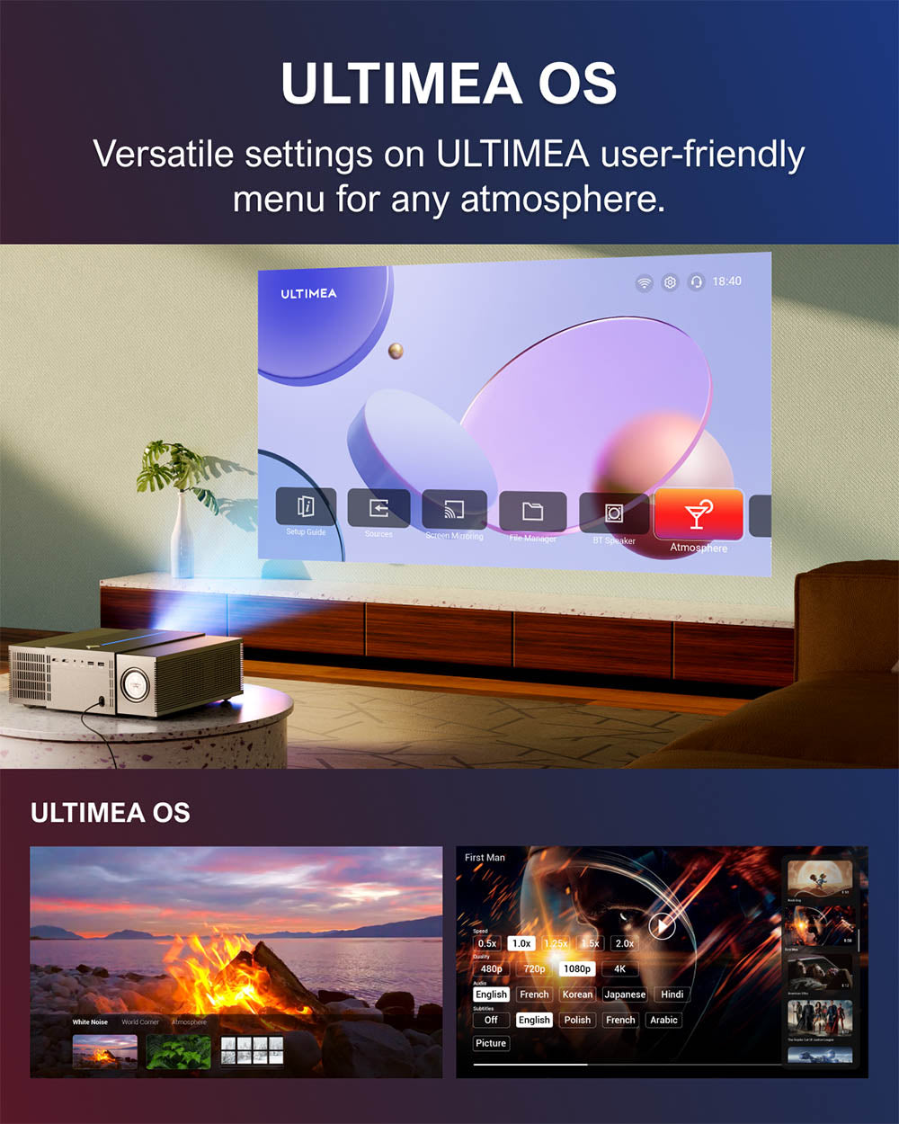 Ultimea Apollo P60 Projector, 900 ANSI Lumens, Native 1080P, 4K Supported, Auto Focus & 6D Auto-keystones, Bluetooth 5.3
