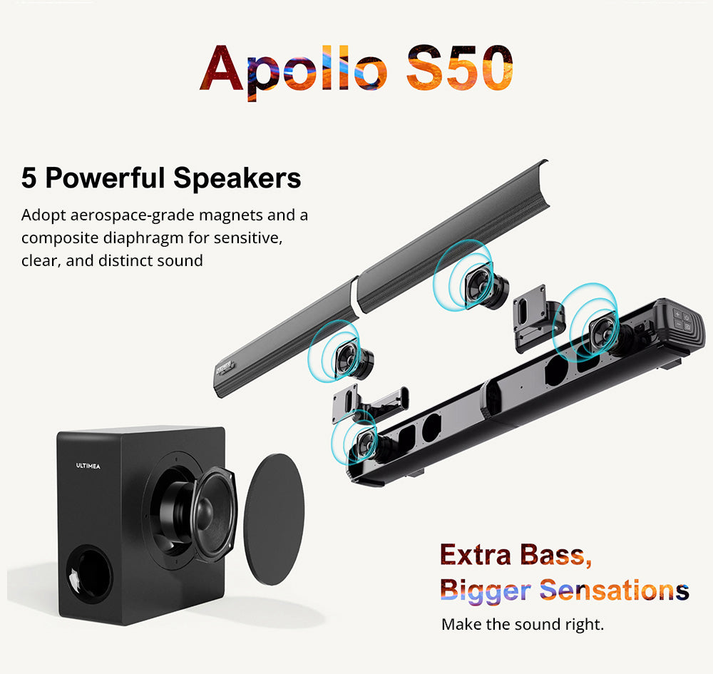 Ultimea Apollo S50 Detachable Soundbar with Subwoofer, Bluetooth 5.3, Adjustable Bass Level, 3 EQ Modes