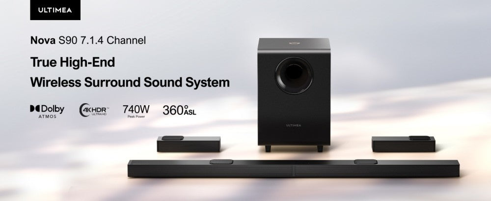 Ultimea Nova S90 7.1.4 Soundbar Subwoofer Speaker Kit, Dolby Atmos, 740W Peak Power, 4K HDR Pass-through, 6 Equalizer Modes