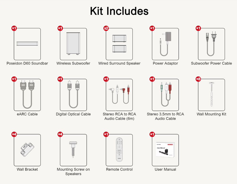 Ultimea Poseidon D60 Soundbar Subwoofer Speaker Kit, Dolby Atmos 5.1, Adjustable Surround Level, Multiple Modes
