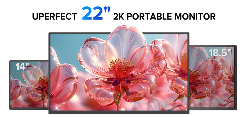 UPERFECT UMax22 22-inch Portable Monitor, 60Hz Refresh Rate, 2560*1440 IPS Screen, 100% sRGB, FreeSync, Built-in Speakers, Driver Free, HDR, Low Blue Light, 180° Adjustable Stand, 2*USB-C, 1*Mini HDMI, 1*Micro USB-B OTG, 1*Audio Jack - EU Plug