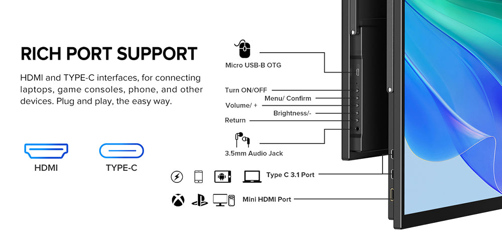 UPERFECT UMax22 22-inch Portable Monitor, 60Hz Refresh Rate, 2560*1440 IPS Screen, 100% sRGB, FreeSync, Built-in Speakers, Driver Free, HDR, Low Blue Light, 180° Adjustable Stand, 2*USB-C, 1*Mini HDMI, 1*Micro USB-B OTG, 1*Audio Jack - EU Plug