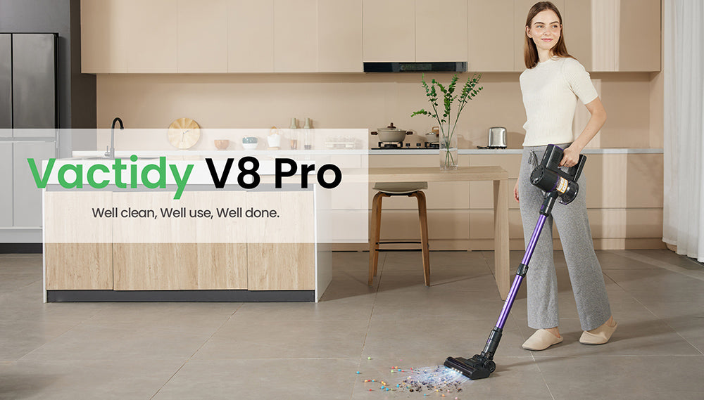 Vactidy V8 Pro Cordless Vacuum Cleaner, 25kPa Powerful Suction, Cyclonic Filtration System, 500ml Dust Cup, LED Touch Display, 180° Rotatable Brush Head, 35min Runtime, Self-Standing Design