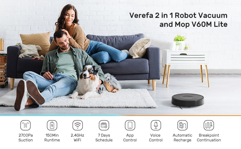 Verefa V60m Lite Robot Vacuum Cleaner, 2700Pa Max Suction, 2 in 1 Vacuuming Mopping, 250ml Dust Box, Max 150 Mins Runtime, App/Voice Control - Black