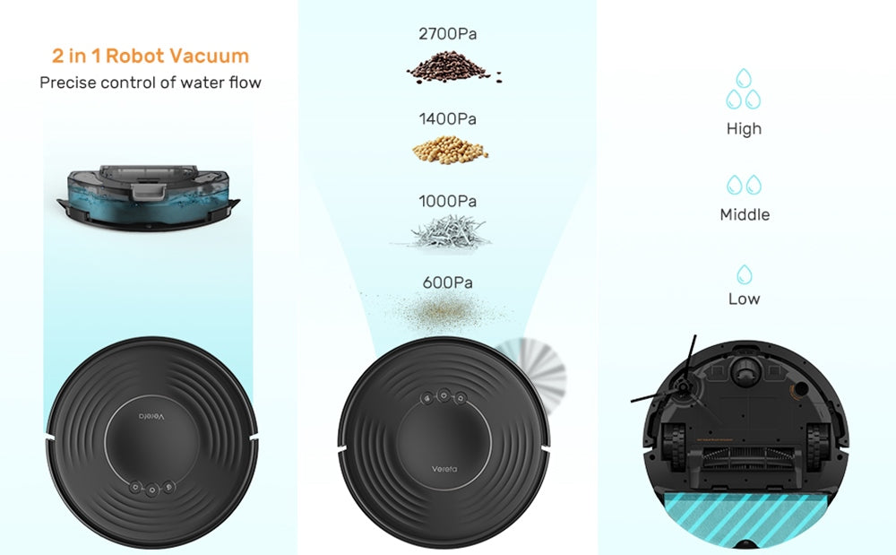 Verefa V60m Lite Robot Vacuum Cleaner, 2700Pa Max Suction, 2 in 1 Vacuuming Mopping, 250ml Dust Box, Max 150 Mins Runtime, App/Voice Control - Black