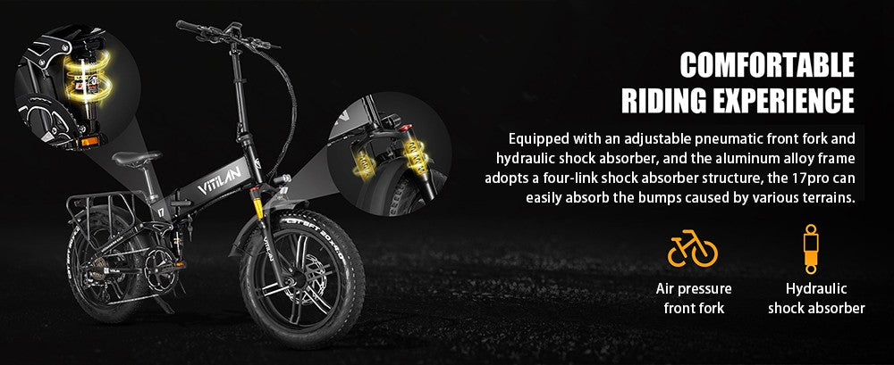 Vitilan I7 Pro 3.0 Electric Bike, 750W Motor, 48V 20Ah Battery, 20*4.0-inch Fat Tire, 45km/h Max Speed, 110km Max Range, Hydraulic Disc Brake, Hydraulic Suspension Rear Shock, Air Suspension Front Fork, Shimano 8 Speed - Black