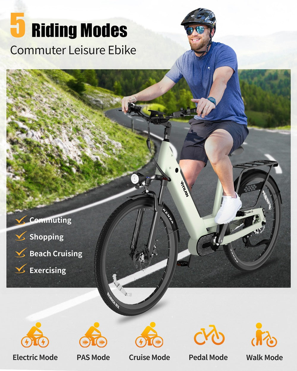 Vitilan L5 Electric Bike, 500W Motor, 48V 15Ah Battery, 26*2.4-inch Tire, 40km/h Max Speed, 105km Range, Hydraulic Disc Brakes, Adjustable Spring Suspension Fork, Shimano 7-speed, Intelligent Color Display - Green