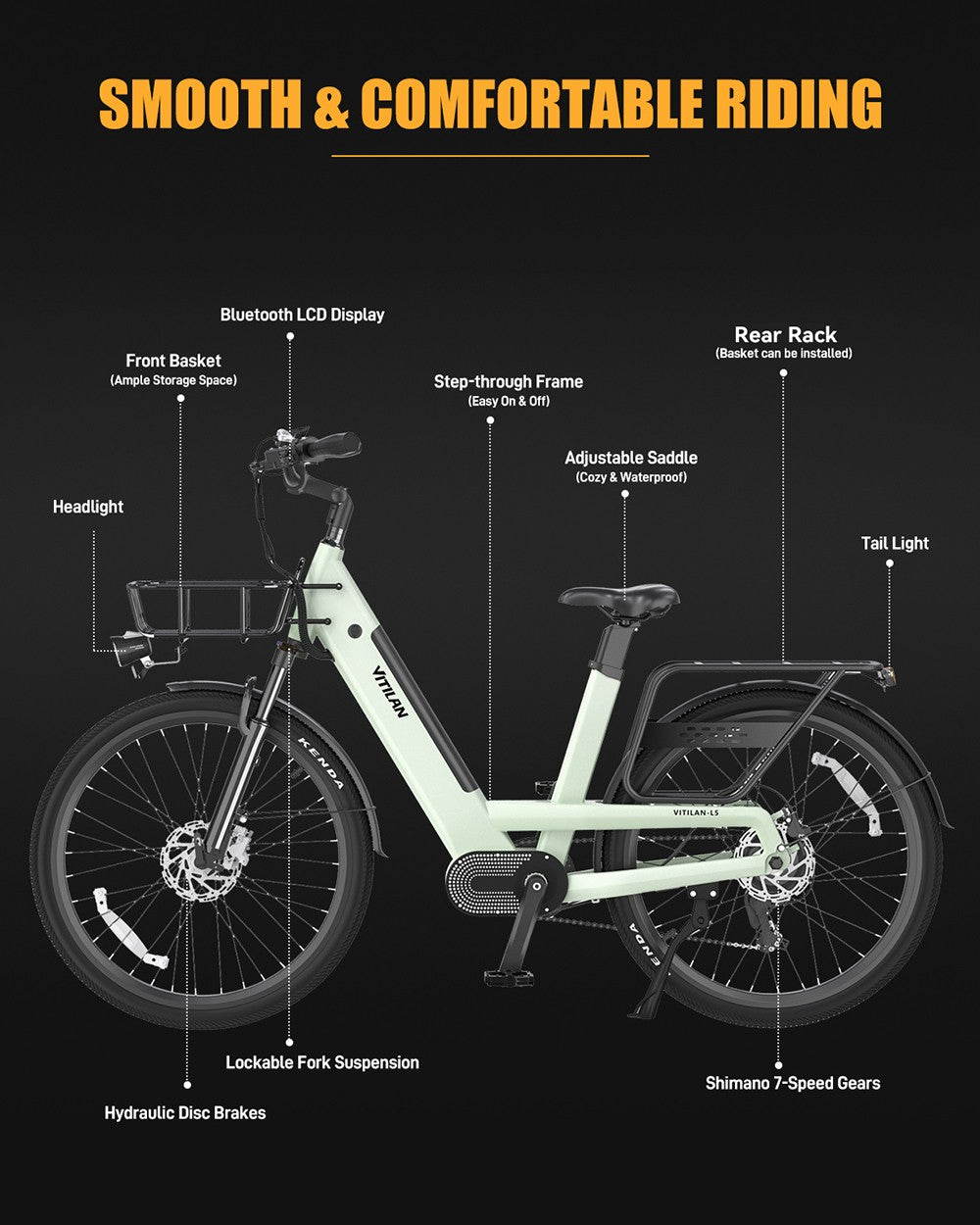 Vitilan L5 Electric Bike, 500W Motor, 48V 15Ah Battery, 26*2.4-inch Tire, 40km/h Max Speed, 105km Range, Hydraulic Disc Brakes, Adjustable Spring Suspension Fork, Shimano 7-speed, Intelligent Color Display - Green