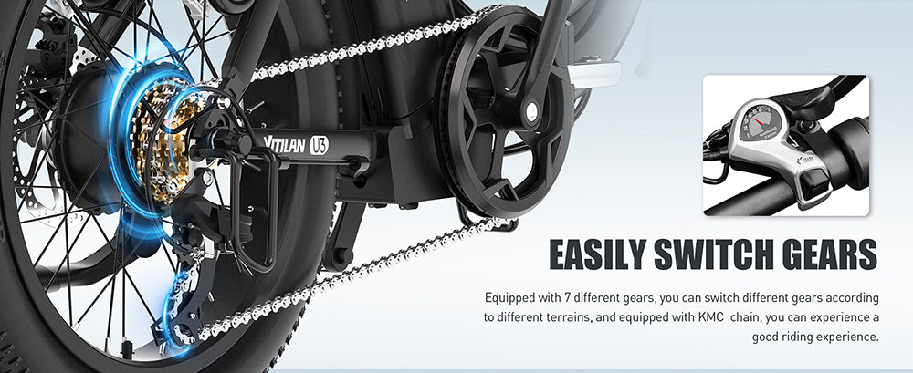 Vitilan U3 Electric Bike, 750W Motor, 48V 13AH Battery, 20*4.0-inch Tires, 45km/h Max Speed, 65km Max Range, Mechanical Disc Brake, Suspension Front Fork, Shimano 7 Speed, LCD Display - Black